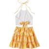 imageLYANER Womens 2 Piece Outfits Summer Lace Halter Cami Crop Top with Floral Mini Skirt SetYellow