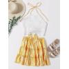 imageLYANER Womens 2 Piece Outfits Summer Lace Halter Cami Crop Top with Floral Mini Skirt SetYellow
