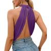 imageLYANER Womens Halter Wrap Sleeveless Draped Backless Sexy Cami Crop TopSolid Dark Purple