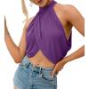 imageLYANER Womens Halter Wrap Sleeveless Draped Backless Sexy Cami Crop TopSolid Dark Purple