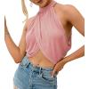 imageLYANER Womens Halter Wrap Sleeveless Draped Backless Sexy Cami Crop TopSolid Pink