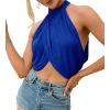imageLYANER Womens Halter Wrap Sleeveless Draped Backless Sexy Cami Crop TopSolid Royal Blue