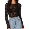 imageLYANER Womens Sexy Mesh Top Floral Long Sleeve See Through Shirt Lace Sheer BlousesBlack