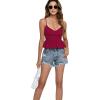 imageLYANER Womens V Neck Elastic Waist Pleated Ruffle Hem Sleeveless Strappy Crop Cami TopBurgundy
