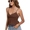 imageLYANER Womens V Neck Elastic Waist Pleated Ruffle Hem Sleeveless Strappy Crop Cami TopDark Brown