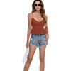 imageLYANER Womens V Neck Elastic Waist Pleated Ruffle Hem Sleeveless Strappy Crop Cami TopRust Red