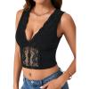 imageLYANER Womens Floral Lace Deep V Neck Sleeveless Slim Fit Sheer Sexy Crop Tank TopBlack