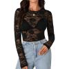 imageLYANER Womens Sexy Mesh Top Floral Long Sleeve See Through Shirt Lace Sheer BlousesBlack