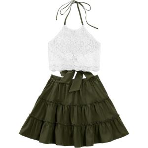 imageLYANER Womens 2 Piece Outfits Summer Lace Halter Cami Crop Top with Floral Mini Skirt SetArmy Green