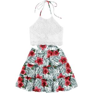 imageLYANER Womens 2 Piece Outfits Summer Lace Halter Cami Crop Top with Floral Mini Skirt SetDark Green