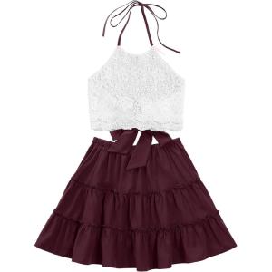 imageLYANER Womens 2 Piece Outfits Summer Lace Halter Cami Crop Top with Floral Mini Skirt SetDark Red