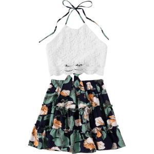 imageLYANER Womens 2 Piece Outfits Summer Lace Halter Cami Crop Top with Floral Mini Skirt SetGreen2