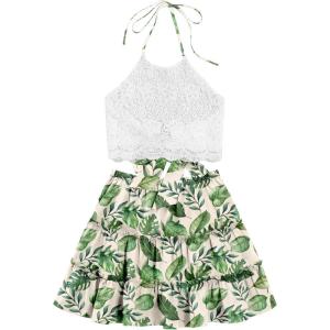 imageLYANER Womens 2 Piece Outfits Summer Lace Halter Cami Crop Top with Floral Mini Skirt SetLight Green