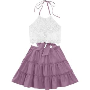 imageLYANER Womens 2 Piece Outfits Summer Lace Halter Cami Crop Top with Floral Mini Skirt SetLilac