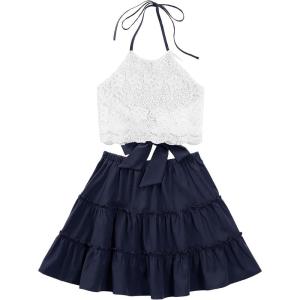 imageLYANER Womens 2 Piece Outfits Summer Lace Halter Cami Crop Top with Floral Mini Skirt SetNavy Blue