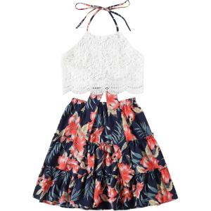 imageLYANER Womens 2 Piece Outfits Summer Lace Halter Cami Crop Top with Floral Mini Skirt SetNavy1