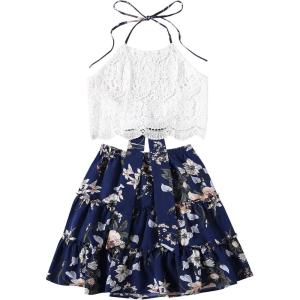 imageLYANER Womens 2 Piece Outfits Summer Lace Halter Cami Crop Top with Floral Mini Skirt SetNavy2