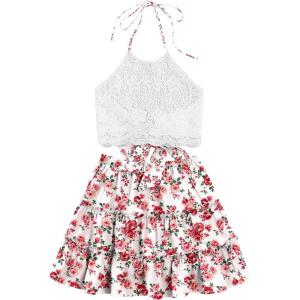 imageLYANER Womens 2 Piece Outfits Summer Lace Halter Cami Crop Top with Floral Mini Skirt SetOffwhite