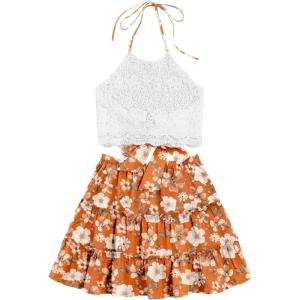imageLYANER Womens 2 Piece Outfits Summer Lace Halter Cami Crop Top with Floral Mini Skirt SetOrange