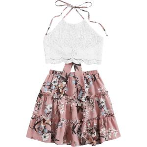 imageLYANER Womens 2 Piece Outfits Summer Lace Halter Cami Crop Top with Floral Mini Skirt SetPink