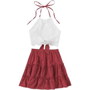 imageLYANER Womens 2 Piece Outfits Summer Lace Halter Cami Crop Top with Floral Mini Skirt SetRed Dots