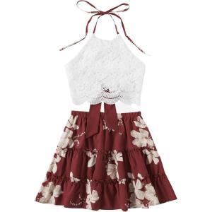 imageLYANER Womens 2 Piece Outfits Summer Lace Halter Cami Crop Top with Floral Mini Skirt SetRed2