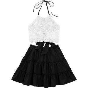imageLYANER Womens 2 Piece Outfits Summer Lace Halter Cami Crop Top with Floral Mini Skirt SetSolid Black