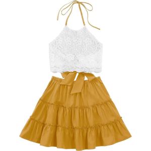imageLYANER Womens 2 Piece Outfits Summer Lace Halter Cami Crop Top with Floral Mini Skirt SetSolid Yellow