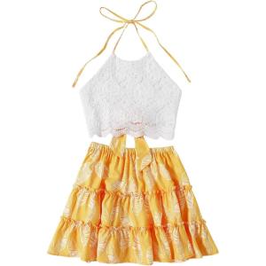 imageLYANER Womens 2 Piece Outfits Summer Lace Halter Cami Crop Top with Floral Mini Skirt SetYellow