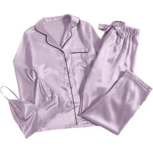 imageLYANER Womens 3Pcs Pajamas Satin Cami Top and Long Sleeve Shirt with Pants Sleepwear SetPurple