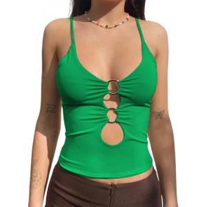 imageLYANER Womens Deep V Neck O Ring Cut Out Sleeveless Tank Cami Crop TopGreen