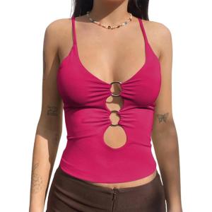 imageLYANER Womens Deep V Neck O Ring Cut Out Sleeveless Tank Cami Crop TopRose