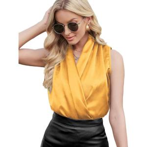 imageLYANER Womens Elegant Satin Wrap V Neck Sleeveless Tank Blouse Tee TopGinger