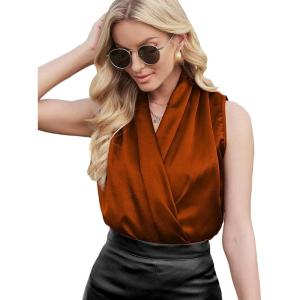 imageLYANER Womens Elegant Satin Wrap V Neck Sleeveless Tank Blouse Tee TopRust Brown