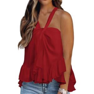 imageLYANER Womens Halter Neck Twist Front Ruffle Hem Ruched Sleeveless Cami Tank TopRed
