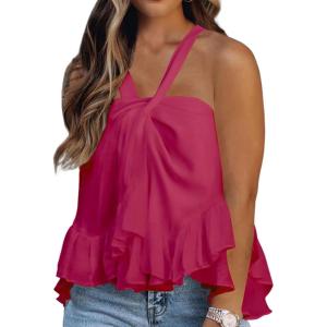 imageLYANER Womens Halter Neck Twist Front Ruffle Hem Ruched Sleeveless Cami Tank TopRose