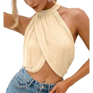 imageLYANER Womens Halter Wrap Sleeveless Draped Backless Sexy Cami Crop TopBeige