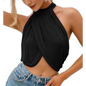 imageLYANER Womens Halter Wrap Sleeveless Draped Backless Sexy Cami Crop TopBlack