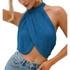 imageLYANER Womens Halter Wrap Sleeveless Draped Backless Sexy Cami Crop TopBlue