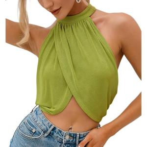 imageLYANER Womens Halter Wrap Sleeveless Draped Backless Sexy Cami Crop TopGrass Green