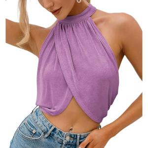 imageLYANER Womens Halter Wrap Sleeveless Draped Backless Sexy Cami Crop TopLight Purple