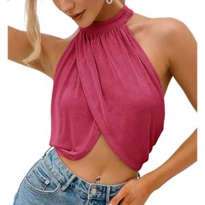 imageLYANER Womens Halter Wrap Sleeveless Draped Backless Sexy Cami Crop TopSolid Rose
