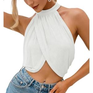 imageLYANER Womens Halter Wrap Sleeveless Draped Backless Sexy Cami Crop TopWhite