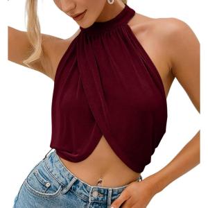 imageLYANER Womens Halter Wrap Sleeveless Draped Backless Sexy Cami Crop TopWine Red