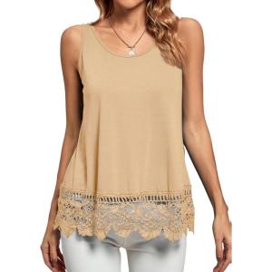 imageLYANER Womens Lace Hem Boat Neck Sleeveless Swing Trim Loose Tank Tops BlouseBeige