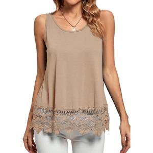 imageLYANER Womens Lace Hem Boat Neck Sleeveless Swing Trim Loose Tank Tops BlouseKhaki