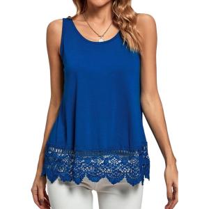 imageLYANER Womens Lace Hem Boat Neck Sleeveless Swing Trim Loose Tank Tops BlouseLake Blue