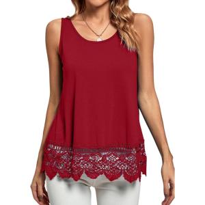 imageLYANER Womens Lace Hem Boat Neck Sleeveless Swing Trim Loose Tank Tops BlouseRed