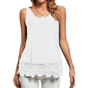 imageLYANER Womens Lace Hem Boat Neck Sleeveless Swing Trim Loose Tank Tops BlouseWhite