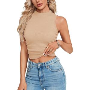 imageLYANER Womens Mock Neck Ribbed Knit Sleeveless Slim Fitted Solid Cami Crop TopBeige